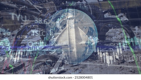 Image of financial data processing with globe over lights. Global sport and competition concept digitally generated image.