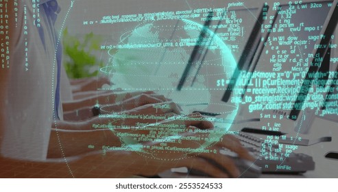 Image of financial data processing and globe over diverse business people using computers. Global finance, business, connections, computing and data processing concept digitally generated image.
