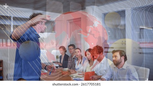 Image of financial data processing and globe over diverse group of business people. global business, finances, digital interface and connections concept digitally generated image. - Powered by Shutterstock - Get 15% off with code: PIKWIZARD15