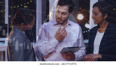 Image of financial data processing and globe over diverse business people in office. global business, data processing and digital interface concept digitally generated image.