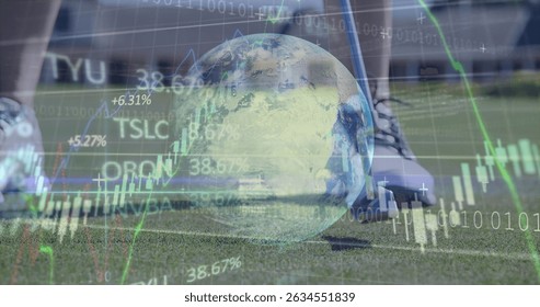 Image of financial data processing and globe over mid section of a man playing golf. Global finance and sports concept