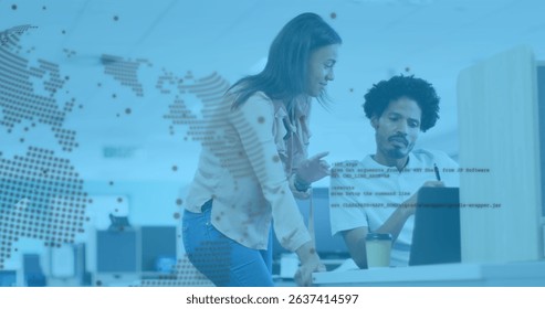 Image of financial data processing and globe over diverse business people in office. Global business and digital interface concept digitally generated image.