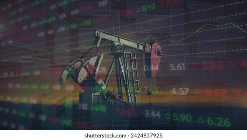 Image of financial data processing with graph over pumpjack on black background. Global business, finances and digital interface concept digitally generated image.