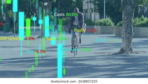 Image of financial data processing with graph over african american businessman riding bike. Global business, finances and digital interface concept digitally generated image.