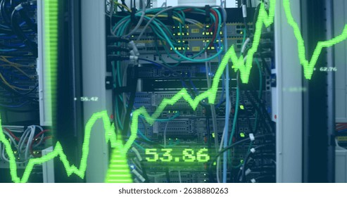 Image of financial data processing with graph and arrows over server room. Global business, finances and digital interface concept digitally generated image.