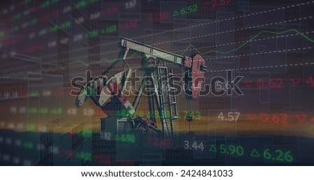 Image of financial data processing with graph over pumpjack on black background. Global business, finances and digital interface concept digitally generated image.