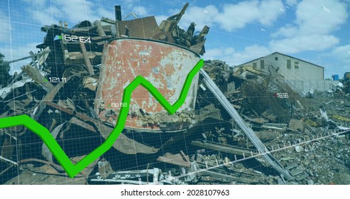 Image of financial data processing green line recording over rubbish disposal urban industrial site. Global finance business economy environment concept digitally generated image.