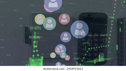 Image of financial data processing and icons over calculator on desk. global business, finances and digital interface concept digitally generated image.
