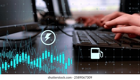 Image of financial data processing with icons over diverse colleagues using computers in office. Global business, finances, computing and digital interface concept digitally generated image.
