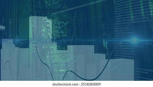 Image of financial data processing with light trails over server room. Global technology, finances, computing and digital interface concept digitally generated image.