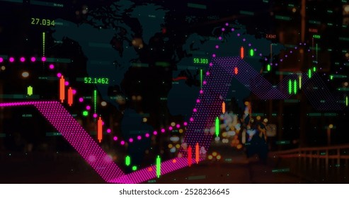 Image of financial data processing and map over cityscape. global shipping, delivery, business, data processing and technology concept digitally generated image. - Powered by Shutterstock