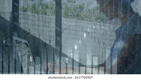 Image of financial data processing and mathematical equations over biracial businesswoman. global business, finances and digital interface concept digitally generated image.