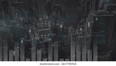 Image of financial data processing and mathematical equations over cityscape. global business, finances and digital interface concept digitally generated image.