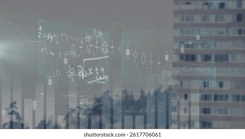 Image of financial data processing and mathematical equations over cityscape. global business, finances and digital interface concept digitally generated image.
