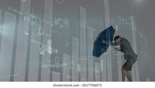 Image of financial data processing and mathematical equations over caucasian businesswoman. global business, finances and digital interface concept digitally generated image.