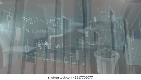 Image of financial data processing and mathematical equations over desk in office. global business, finances and digital interface concept digitally generated image.