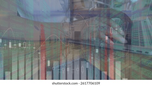 Image of financial data processing and mathematical equations over biracial businesswoman. global business, finances and digital interface concept digitally generated image.