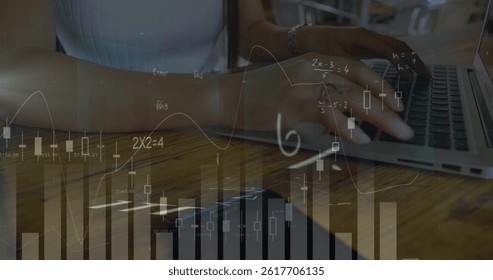 Image of financial data processing and mathematical equations over biracial businesswoman. global business, finances and digital interface concept digitally generated image.