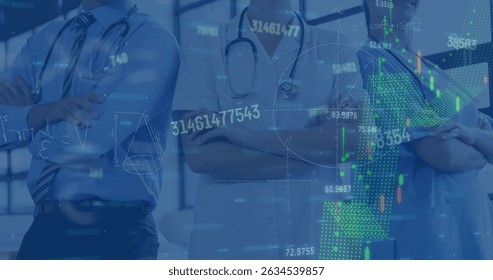 Image of financial data processing and mathematical equations over diverse doctors. Global medicine, finances and digital interface concept digitally generated image.