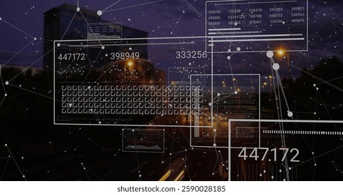 Image of financial data processing and network of connections over cityscape. Global business, finances, computing and digital interface concept digitally generated image.