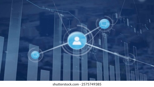 Image of financial data processing and networks of connections. Global finance, business, connections, computing and data processing concept digitally generated image.