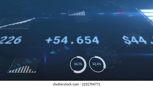 Image of financial data processing, numbers changing and statistics. global business finance concept digitally generated image.
