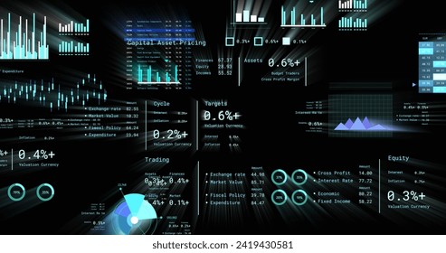 Image of financial data processing with numbers over black background. Global networks, business, finances, computing and data processing concept digitally generated image.