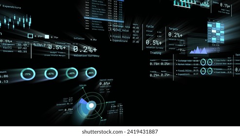 Image of financial data processing with numbers over black background. Global networks, business, finances, computing and data processing concept digitally generated image.