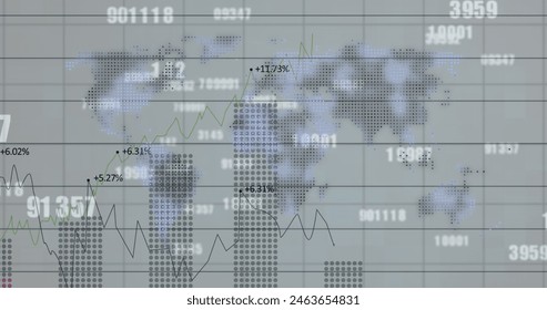Image of financial data processing and numbers changing over world map. digital interface, global finance and business concept digitally generated image.