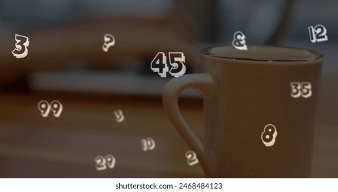 Image of financial data processing and numbers over woman using laptop. Global business, finance, computing and data processing concept digitally generated image.