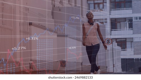 Image of financial data processing with numbers over african american woman walking on street. Global finances, lifestyle and digital interface concept digitally generated image.