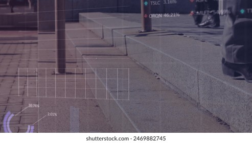 Image of financial data processing with numbers over diverse people walking on street. Global finances, lifestyle and digital interface concept digitally generated image.