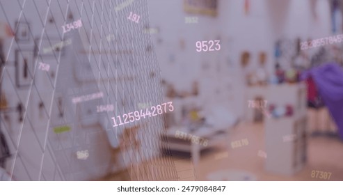 Image of financial data processing and numbers over shop. Global shopping, business, finance, computing and data processing concept digitally generated image.