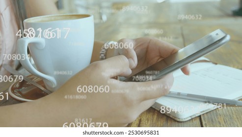 Image of financial data processing, numbers recording over mid section of woman using smartphone texting in the background. Global finance business economy concept digitally generated image.