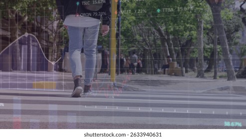 Image of financial data processing with numbers over diverse people walking on street. Global finances, lifestyle and digital interface concept digitally generated image.