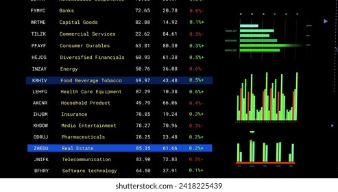 Image of financial data processing on screen over black background. Global networks, business, finances, computing and data processing concept digitally generated image.