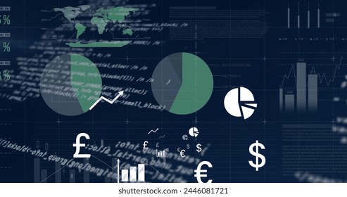 Image of financial data processing on black background. Global finance business and digital interface concept digitally generated image.