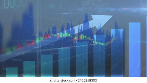 Image of financial data processing on blue background. global finance, business and digital interface concept digitally generated image.