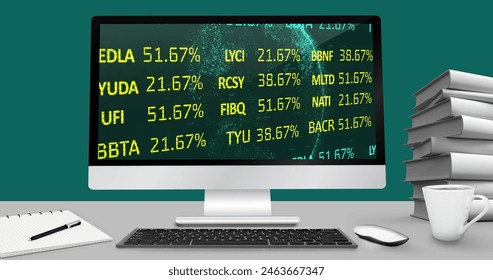 Image of financial data processing on computer screen on desk. global finance and business concept digitally generated image. - Powered by Shutterstock - Get 15% off with code: PIKWIZARD15