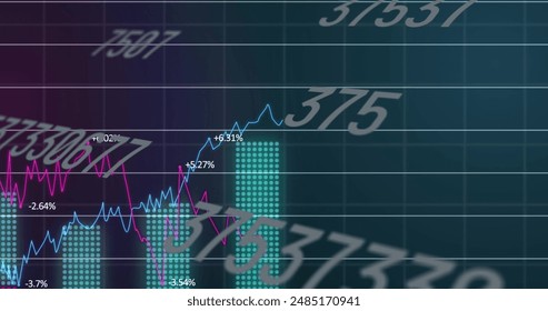 Image of financial data processing on dark background. Global finance, business, connections, computing and data processing concept digitally generated image.