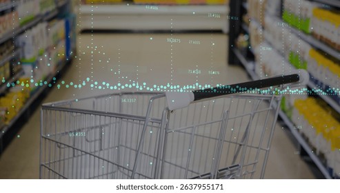 Image of financial data processing ove shopping cart. Global shopping, data processing and digital interface concept digitally generated image.