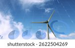 Image of financial data processing over wind turbine. global environment, sustainability and finance concept digitally generated image.