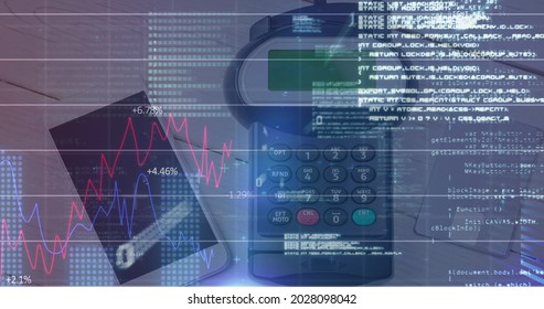 Image of financial data processing over payment terminal and smartphone. global finances, business and connection concept digitally generated image.
