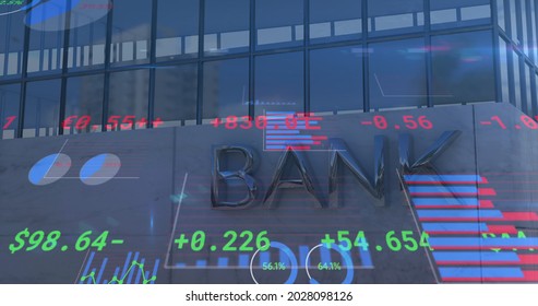 Image of financial data processing over modern bank building. global finances, business and connection concept digitally generated image.