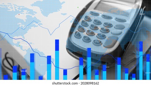 Image of financial data processing over payment terminal. global finances, business and contactless payment concept digitally generated image.