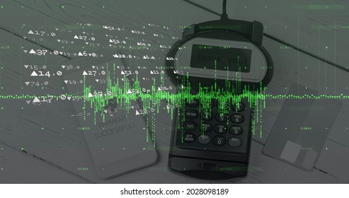 Image of financial data processing over payment terminal. global finances, business and contactless payment concept digitally generated image.
