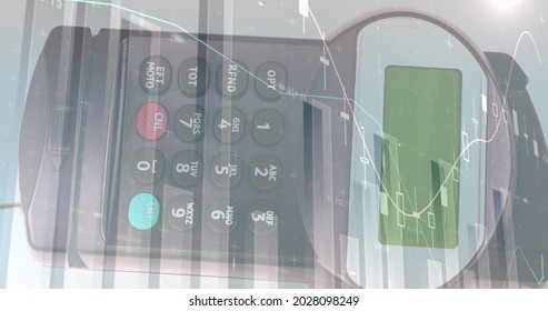 Image of financial data processing over payment terminal. global finances, business and contactless payment concept digitally generated image.