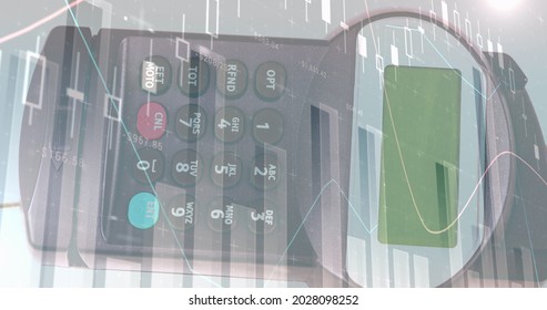 Image of financial data processing over payment terminal. global finances, business and contactless payment concept digitally generated image.