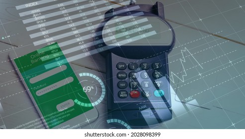 Image of financial data processing over payment terminal and smartphone. global finances, business and contactless payment concept digitally generated image.