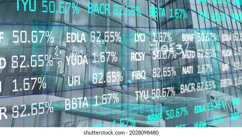 Image of financial data processing over modern bank building. global finances, business and connection concept digitally generated image.